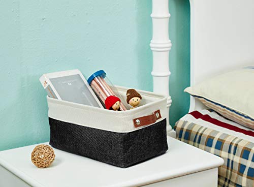 DECOMOMO Foldable Small Storage Bin | Rugged Canvas Fabric Basket Container W/ Leather Handles | Great for Organizing Closets, Offices, Nurseries and Homes (Grey and White, Small - 6 Pack)