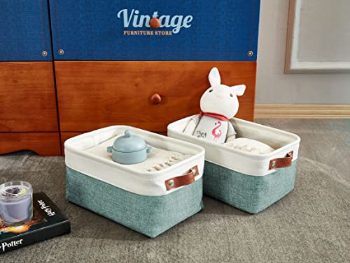 DECOMOMO Foldable Small Storage Bin | Rugged Canvas Fabric Basket Container W/ Leather Handles | Great for Organizing Closets, Offices, Nurseries and Homes (Grey and White, Small - 6 Pack)