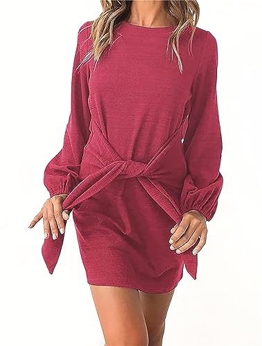 PRETTYGARDEN Women’s Elegant Long Lantern Sleeve Short Dress Crewneck Tie Waist Knit Cocktail Dress Dark Green