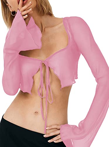 Remidoo Women's Sexy Sheer Mesh Tie Front Crop Top Long Sleeve See Through Cardigan Cover Up Shirt Hot Pink Large