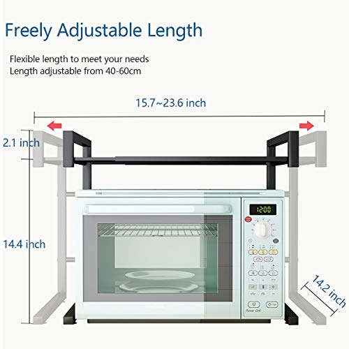 PUSDON Extendable Microwave Oven Rack, Adjustable Microwave/Toaster Shelf Heavy Duty Stand Kitchen Counter Top Organizer(L15.7~23.6" xW12.6 xH18.9), 2-Tier with 3 Hooks, 160lbs Weight Capacity, White