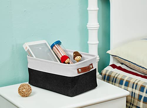 DECOMOMO Foldable Small Storage Bin | Rugged Canvas Fabric Basket Container W/ Leather Handles | Great for Organizing Closets, Offices, Nurseries and Homes (Grey and White, Small - 6 Pack)