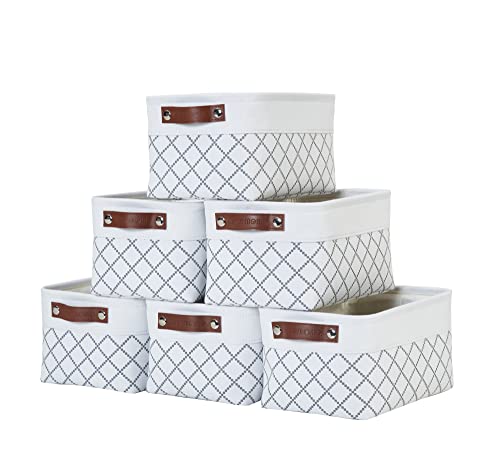 DECOMOMO Foldable Small Storage Bin | Rugged Canvas Fabric Basket Container W/ Leather Handles | Great for Organizing Closets, Offices, Nurseries and Homes (Grey and White, Small - 6 Pack)