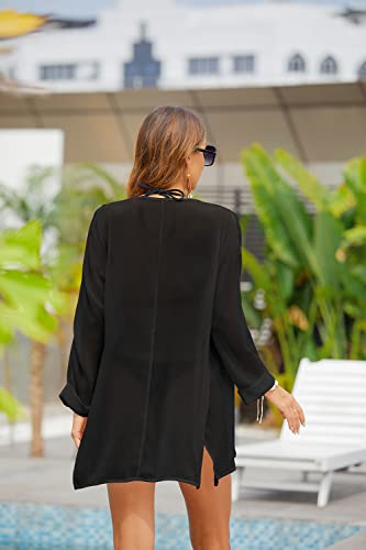 PCEAIIH Women's Floral Kimono Cardigans Chiffon Casual Loose Open Front Cover Ups Tops(Small, Black)