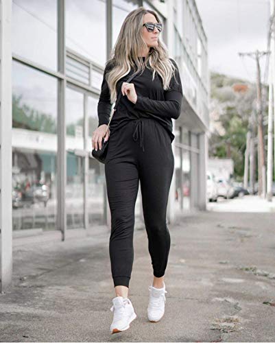PRETTYGARDEN Women's 2023 Fall Two Piece Outfit Long Sleeve Crewneck Pullover Tops And Long Pants Tracksuit (Black,X-Large)