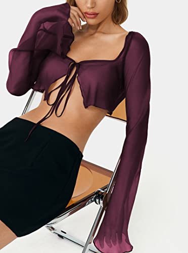 Remidoo Women's Sexy Sheer Mesh Tie Front Crop Top Long Sleeve See Through Cardigan Cover Up Shirt Hot Pink Large