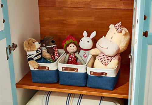 DECOMOMO Foldable Small Storage Bin | Rugged Canvas Fabric Basket Container W/ Leather Handles | Great for Organizing Closets, Offices, Nurseries and Homes (Grey and White, Small - 6 Pack)