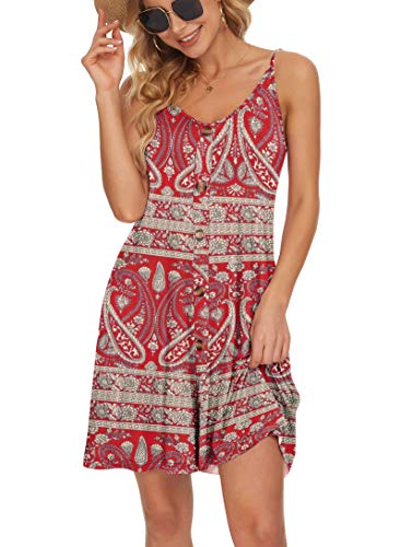 WNEEDU Women Summer Dress Sexy V Neck Button Down Floral Print Swing Mini Tunic Dress with Pockets (XL, Rose White)