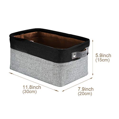 DECOMOMO Foldable Small Storage Bin | Rugged Canvas Fabric Basket Container W/ Leather Handles | Great for Organizing Closets, Offices, Nurseries and Homes (Grey and White, Small - 6 Pack)