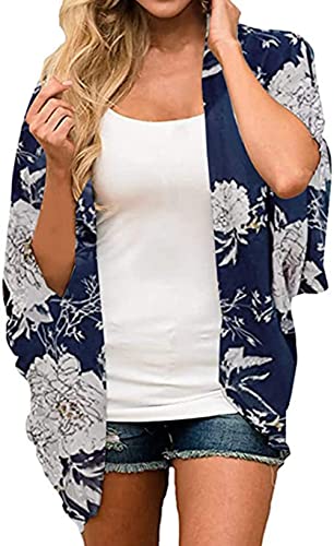 Naivikid Women's Summer Floral Print Kimonos Loose Half Sleeve Chiffon Cardigan Blouses Casual Cover Up White Red Flowers L