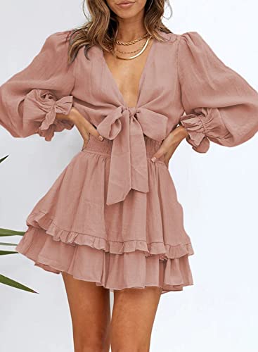 Dokotoo Women Dresses Cute Spring Boho Fall Casual Sexy Deep V Neck Ruffle Chiffon Lantern Long Sleeve Elegant Floral Printed Hawaiian Flowy Mini Short Skirt Dresses for Women Party 2022 X-Large