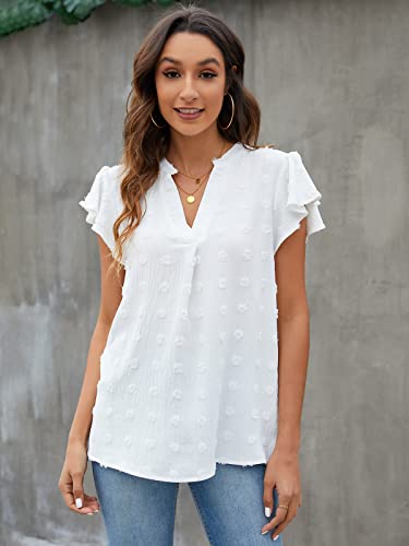 Blooming Jelly Womens White Blouse V Neck Ruffle Sleeve