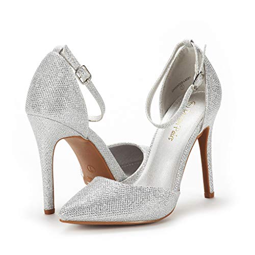 DREAM PAIRS Women's Silver Glitter High Heel Pointed Toe Stiletto Ankle Strap Dress Pumps Shoes Size 5 M US Hollyn-1