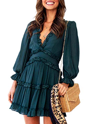 Dokotoo Women Dresses Cute Spring Boho Fall Casual Sexy Deep V Neck Ruffle Chiffon Lantern Long Sleeve Elegant Floral Printed Hawaiian Flowy Mini Short Skirt Dresses for Women Party 2022 X-Large