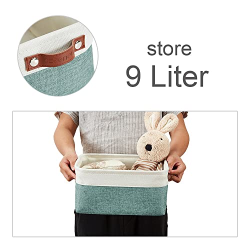 DECOMOMO Foldable Small Storage Bin | Rugged Canvas Fabric Basket Container W/ Leather Handles | Great for Organizing Closets, Offices, Nurseries and Homes (Grey and White, Small - 6 Pack)