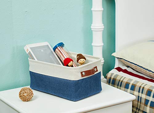 DECOMOMO Foldable Small Storage Bin | Rugged Canvas Fabric Basket Container W/ Leather Handles | Great for Organizing Closets, Offices, Nurseries and Homes (Grey and White, Small - 6 Pack)