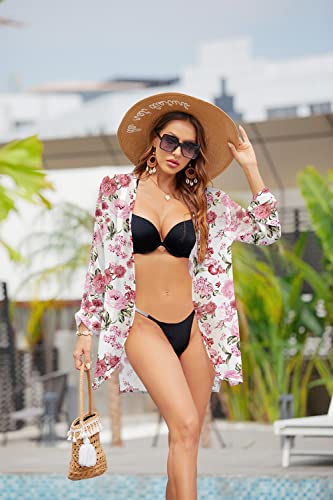 PCEAIIH Women's Floral Kimono Cardigans Chiffon Casual Loose Open Front Cover Ups Tops(Small, Black)