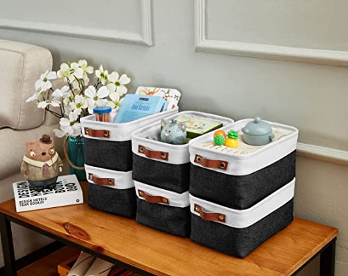 DECOMOMO Foldable Small Storage Bin | Rugged Canvas Fabric Basket Container W/ Leather Handles | Great for Organizing Closets, Offices, Nurseries and Homes (Grey and White, Small - 6 Pack)
