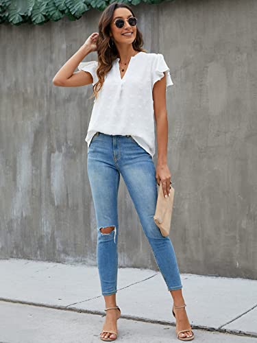 Blooming Jelly Womens White Blouse V Neck Ruffle Sleeve