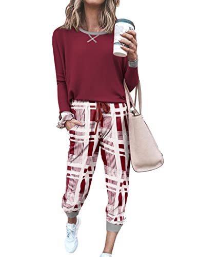 Ekouaer Women's Long Sleeve Pj Soft Crew Neck Pajama Long Sleeve Sweatshirt with Long Pants Red Plaid,Medium