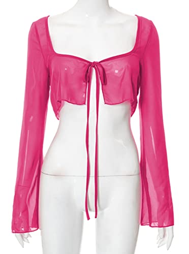 Remidoo Women's Sexy Sheer Mesh Tie Front Crop Top Long Sleeve See Through Cardigan Cover Up Shirt Hot Pink Large