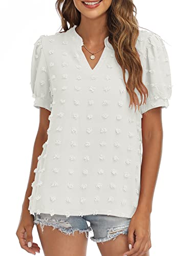 RANPHEE Womens Summer Black V Neck Puff Short Sleeve Tops Casual Business Work Blouses Cute Dressy Swiss Dot Shirts L