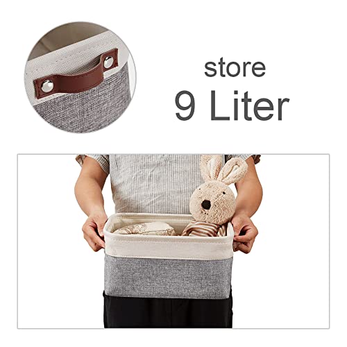 DECOMOMO Foldable Small Storage Bin | Rugged Canvas Fabric Basket Container W/ Leather Handles | Great for Organizing Closets, Offices, Nurseries and Homes (Grey and White, Small - 6 Pack)
