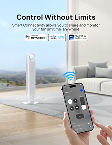 Dreo Tower Fan for Bedroom, Smart Oscillating Quiet Floor Fans, Standing Bladeless Fan with Remote and WiFi Voice Control, 4 Modes, 4 Speeds, 8H Timer, Works with Alexa/Google