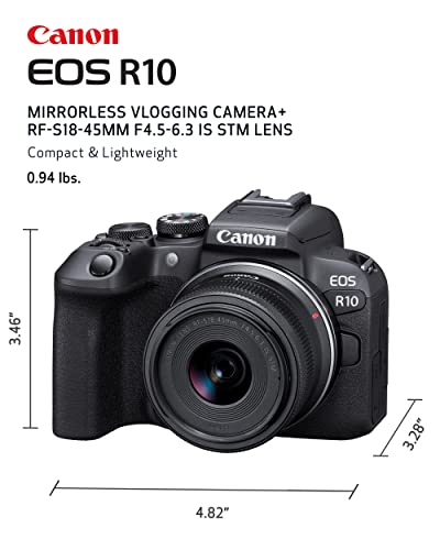 Canon EOS R10 RF-S18-45mm F4.5-6.3 is STM Lens Kit, Mirrorless Vlogging Camera, 24.2 MP, 4K Video, DIGIC X Image Processor, High-Speed Shooting, Subject Tracking, Compact, for Content Creators