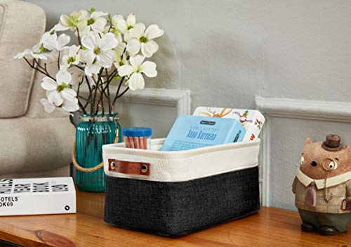 DECOMOMO Foldable Small Storage Bin | Rugged Canvas Fabric Basket Container W/ Leather Handles | Great for Organizing Closets, Offices, Nurseries and Homes (Grey and White, Small - 6 Pack)