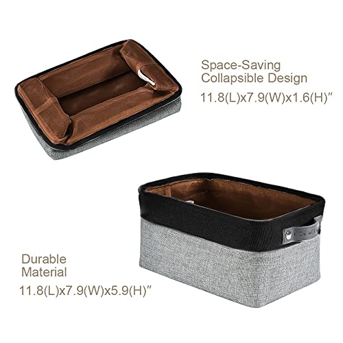 DECOMOMO Foldable Small Storage Bin | Rugged Canvas Fabric Basket Container W/ Leather Handles | Great for Organizing Closets, Offices, Nurseries and Homes (Grey and White, Small - 6 Pack)