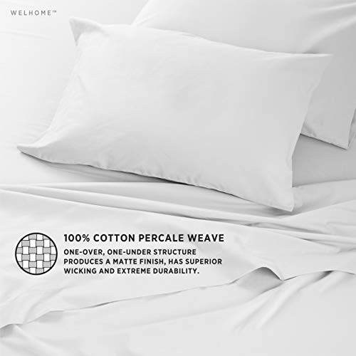 Welhome Soft Finish 100% Cotton Percale Sheet | 4 Piece Set | Full Size | White |