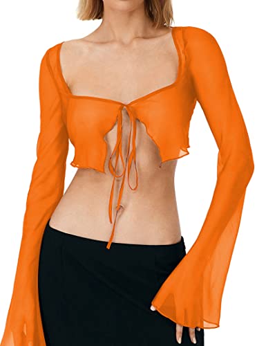 Remidoo Women's Sexy Sheer Mesh Tie Front Crop Top Long Sleeve See Through Cardigan Cover Up Shirt Hot Pink Large