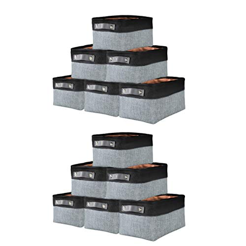 DECOMOMO Foldable Small Storage Bin | Rugged Canvas Fabric Basket Container W/ Leather Handles | Great for Organizing Closets, Offices, Nurseries and Homes (Grey and White, Small - 6 Pack)