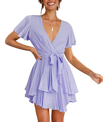 Cosonsen Women's Dress Deep V-Neck Long Sleeve Waist Tie Ruffle Mini Swing Skater Dresses