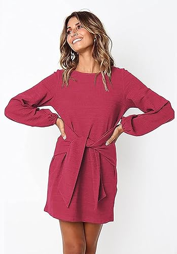 PRETTYGARDEN Women’s Elegant Long Lantern Sleeve Short Dress Crewneck Tie Waist Knit Cocktail Dress Dark Green