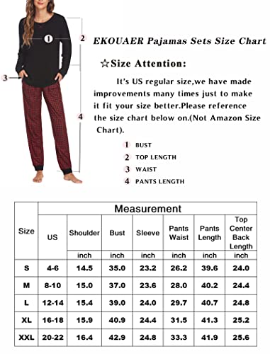 Ekouaer Women's Long Sleeve Pj Soft Crew Neck Pajama Long Sleeve Sweatshirt with Long Pants Red Plaid,Medium