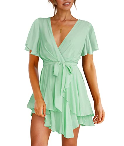 Cosonsen Women's Dress Deep V-Neck Long Sleeve Waist Tie Ruffle Mini Swing Skater Dresses