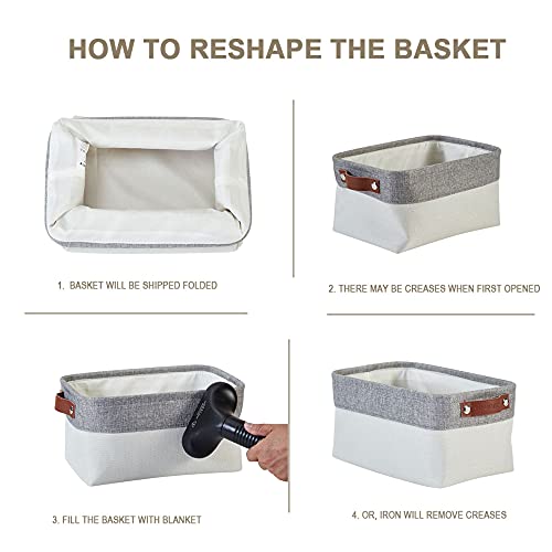 DECOMOMO Foldable Small Storage Bin | Rugged Canvas Fabric Basket Container W/ Leather Handles | Great for Organizing Closets, Offices, Nurseries and Homes (Grey and White, Small - 6 Pack)