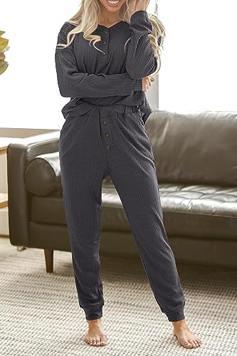 PRETTYGARDEN Women's 2 Piece Waffle Knit Lounge Outfit Long Sleeve Henley Top and Sweatpants Set Tracksuit