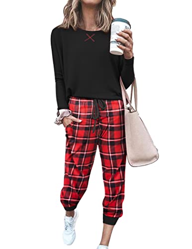 Ekouaer Women's Long Sleeve Pj Soft Crew Neck Pajama Long Sleeve Sweatshirt with Long Pants Red Plaid,Medium