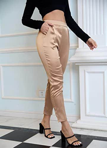 Women's Satin Silky Pants Dress Casual Pull on High Waist Pants with Pockets X-Large