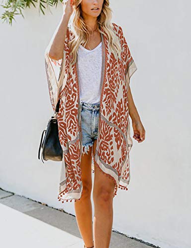 Bsubseach Loose Printed 3/4 Sleeve Kimono Cardigan