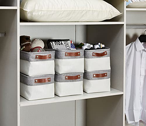 DECOMOMO Foldable Small Storage Bin | Rugged Canvas Fabric Basket Container W/ Leather Handles | Great for Organizing Closets, Offices, Nurseries and Homes (Grey and White, Small - 6 Pack)
