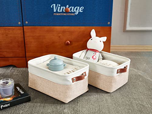 DECOMOMO Foldable Small Storage Bin | Rugged Canvas Fabric Basket Container W/ Leather Handles | Great for Organizing Closets, Offices, Nurseries and Homes (Grey and White, Small - 6 Pack)