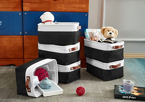 DECOMOMO Foldable Small Storage Bin | Rugged Canvas Fabric Basket Container W/ Leather Handles | Great for Organizing Closets, Offices, Nurseries and Homes (Grey and White, Small - 6 Pack)