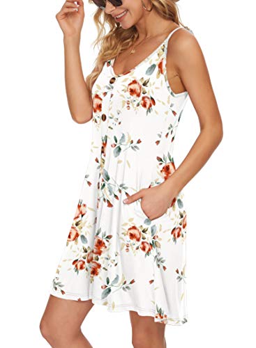 WNEEDU Women Summer Dress Sexy V Neck Button Down Floral Print Swing Mini Tunic Dress with Pockets (XL, Rose White)