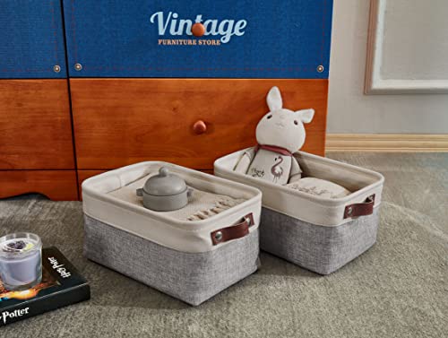 DECOMOMO Foldable Small Storage Bin | Rugged Canvas Fabric Basket Container W/ Leather Handles | Great for Organizing Closets, Offices, Nurseries and Homes (Grey and White, Small - 6 Pack)