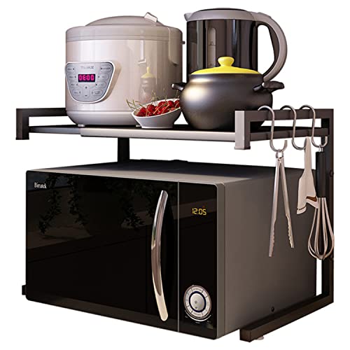 PUSDON Extendable Microwave Oven Rack, Adjustable Microwave/Toaster Shelf Heavy Duty Stand Kitchen Counter Top Organizer(L15.7~23.6" xW12.6 xH18.9), 2-Tier with 3 Hooks, 160lbs Weight Capacity, White