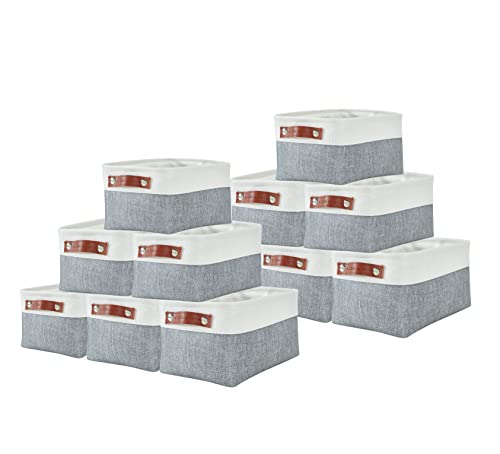 DECOMOMO Foldable Small Storage Bin | Rugged Canvas Fabric Basket Container W/ Leather Handles | Great for Organizing Closets, Offices, Nurseries and Homes (Grey and White, Small - 6 Pack)